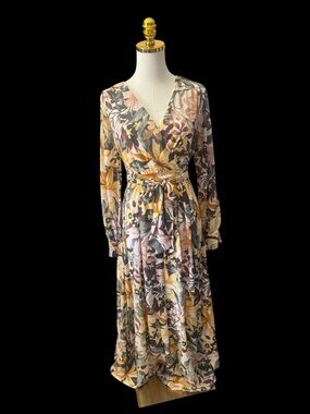 Just Me Floral Wrap Midi Dress in Mustard, Taupe, Cream, and Olive